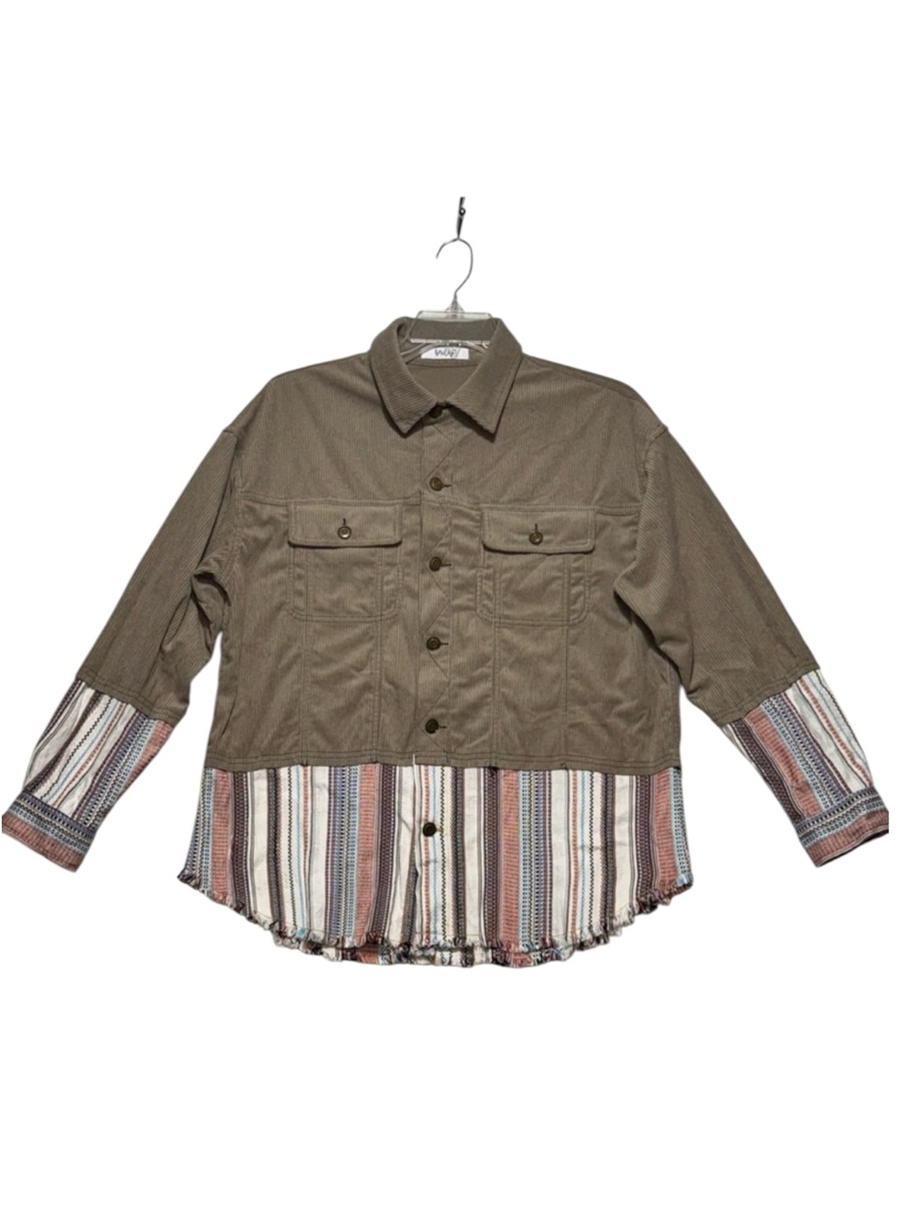 Briley Bailey Khaki Corduroy Shacket Jacket Striped Boho Hem Women Sz M